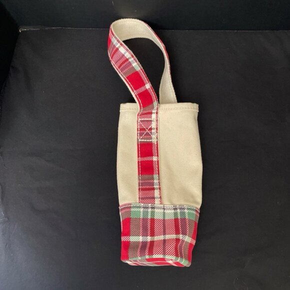 Lands' End Wine Bottle Tote Bag Ivory Canvas w/ Red & Green Plaid - Picture 3 of 5